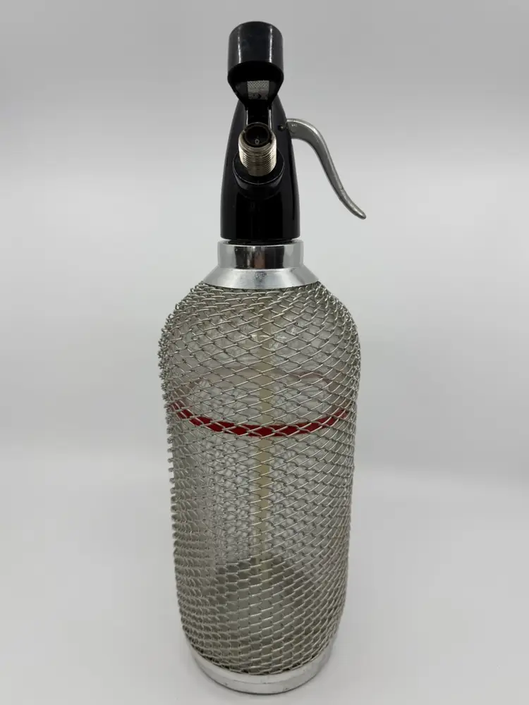 Vintage Large Wire Mesh Soda Siphon Seltzer Water Bottle Glass Bar Décor Heavy