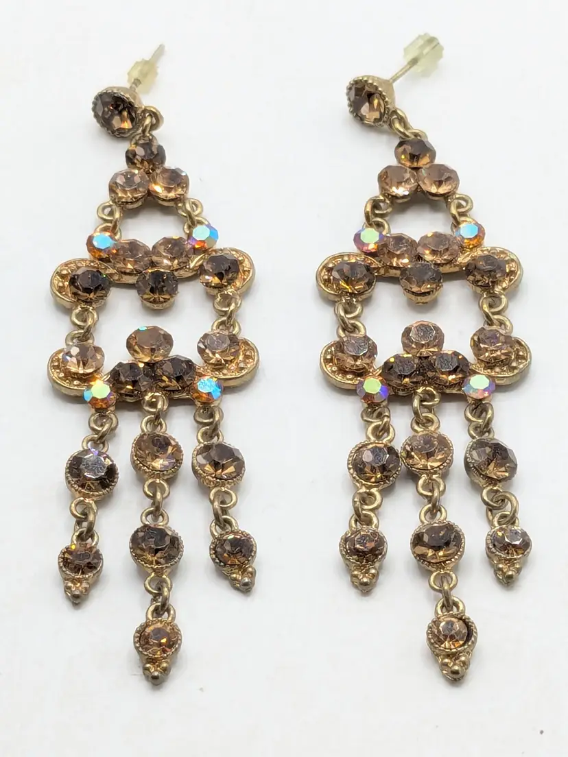 Vintage Gold Tone Chandelier Earrings with Topaz Color Rhinestones