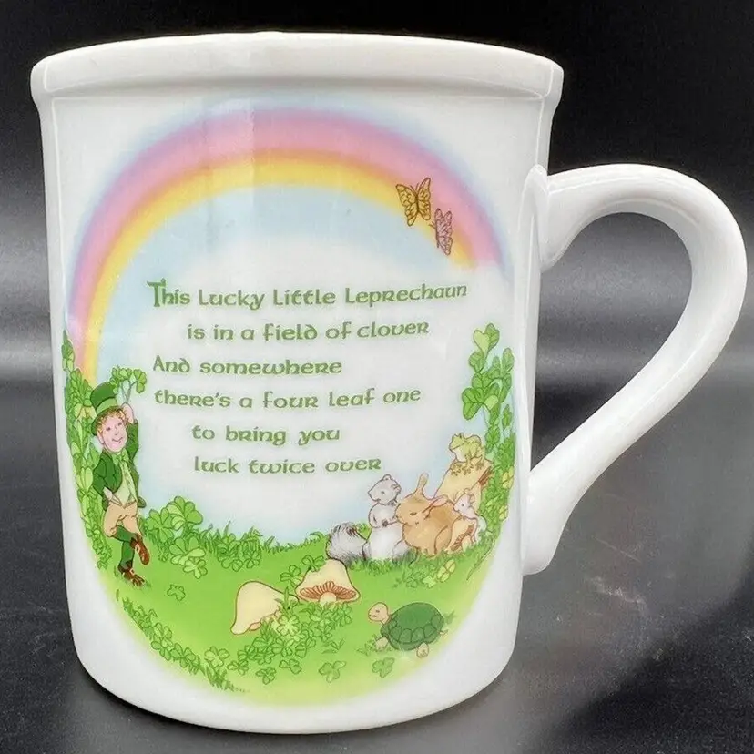 Vtg Papel Japan Mug Leprechaun Clover Bunny Mushroom Rainbow Turtle Butterfly
