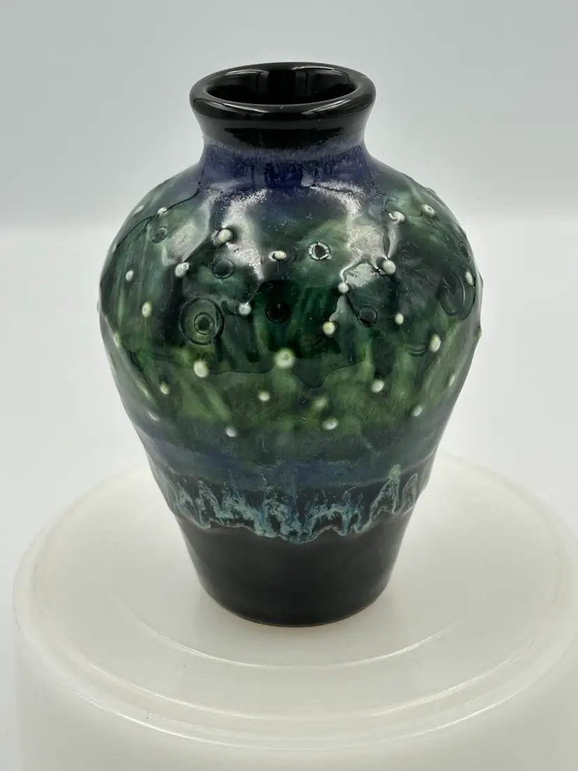 Studio Art Pottery Bud Vase Green And Blue With White Raised Dots