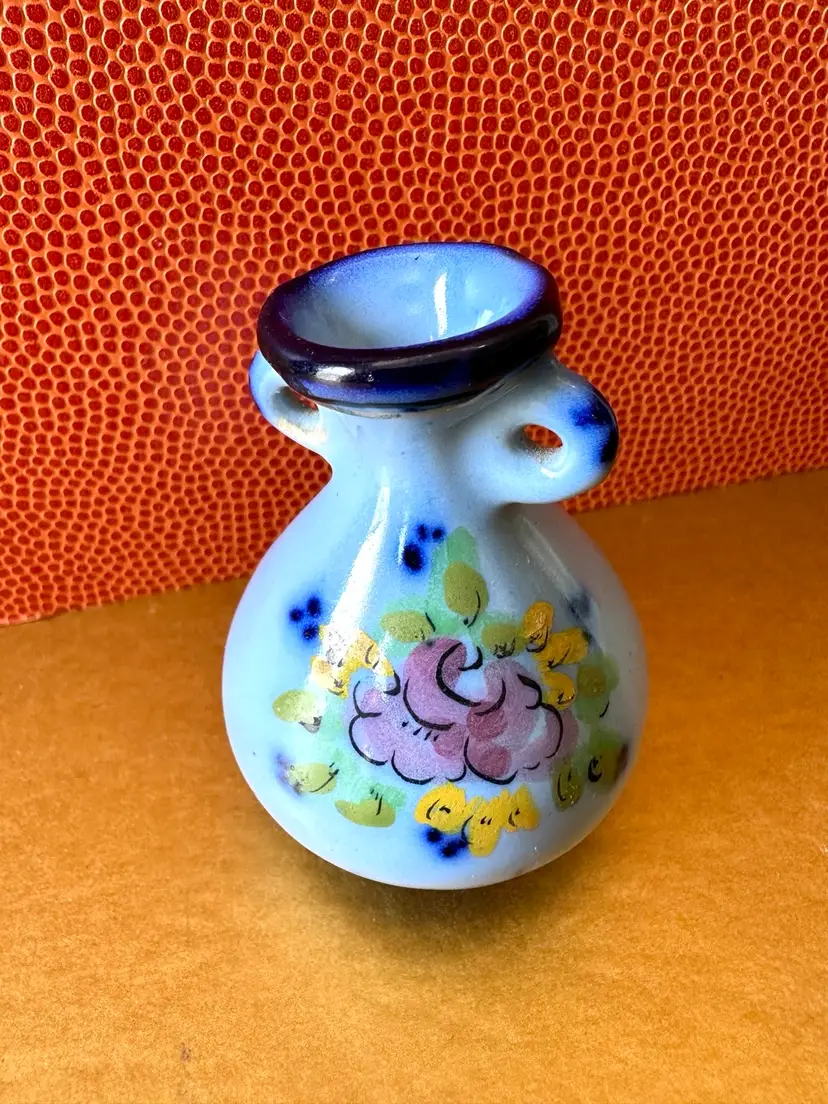 Vintage 60s Miniature Vase 2.5” Glass Hand Painted in Portugal No Issues Signed Dated on Bottom