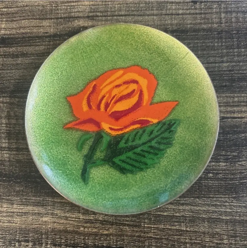 Vintage Annemarie Davidson Enamel Copper Plate Dish Green Floral 4 1/4”