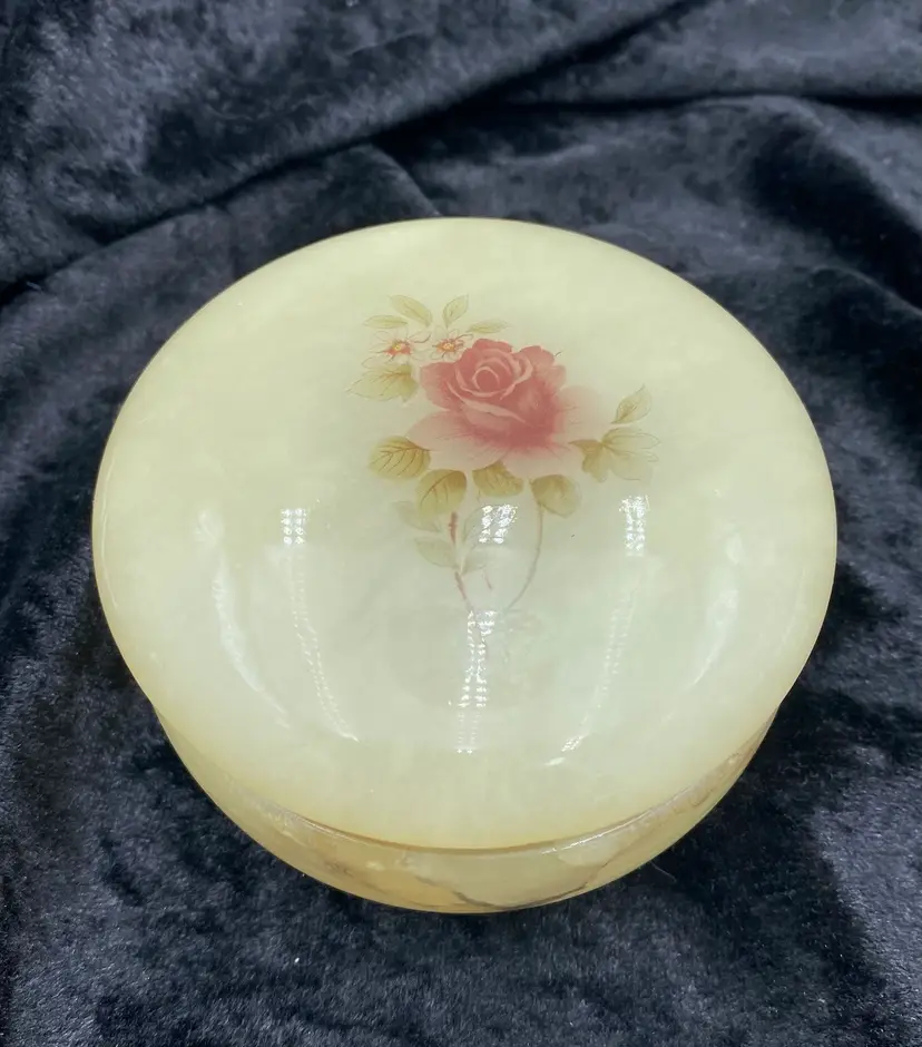 Vintage Alabaster Trinket Box, Rose Top, Made In Italy, 3.5" x 2", Original Sticker