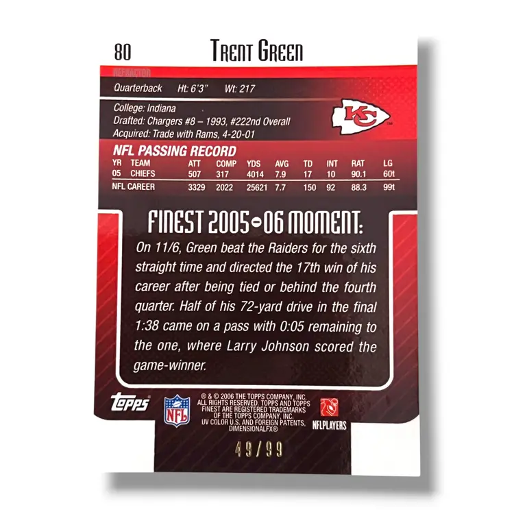 2006 Topps Finest Trent Green Black Refractor 49/99