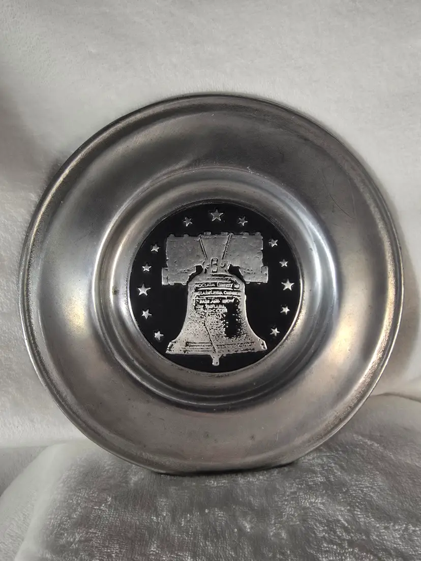Vintage Pewter Liberty Bell  Plate/Trinket Dish Old Mill Ent Lancaster PA 7"