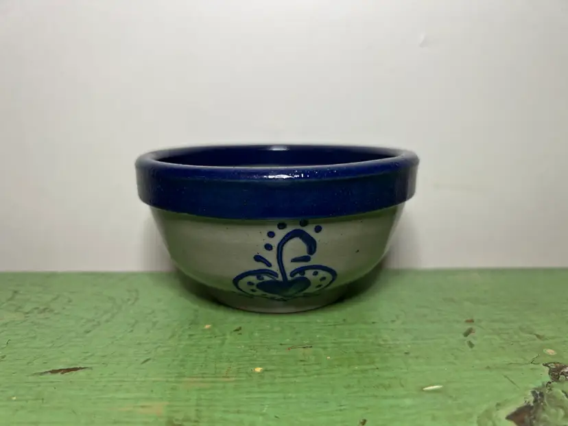 Beaumont Pottery Salt Glazed Bowl. Cobalt Blue Heart Dots Bowl 4" Signed on Base. BBP Ceramic Clay Pottery