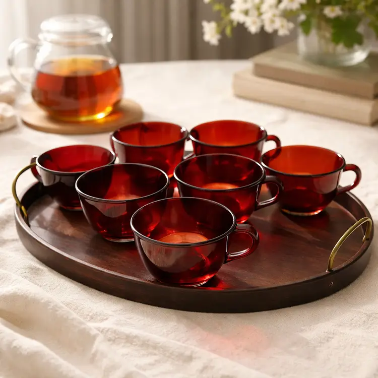 Arcoroc Classique Glass Ruby Red Cup & Saucer Set of 7 Made n France.