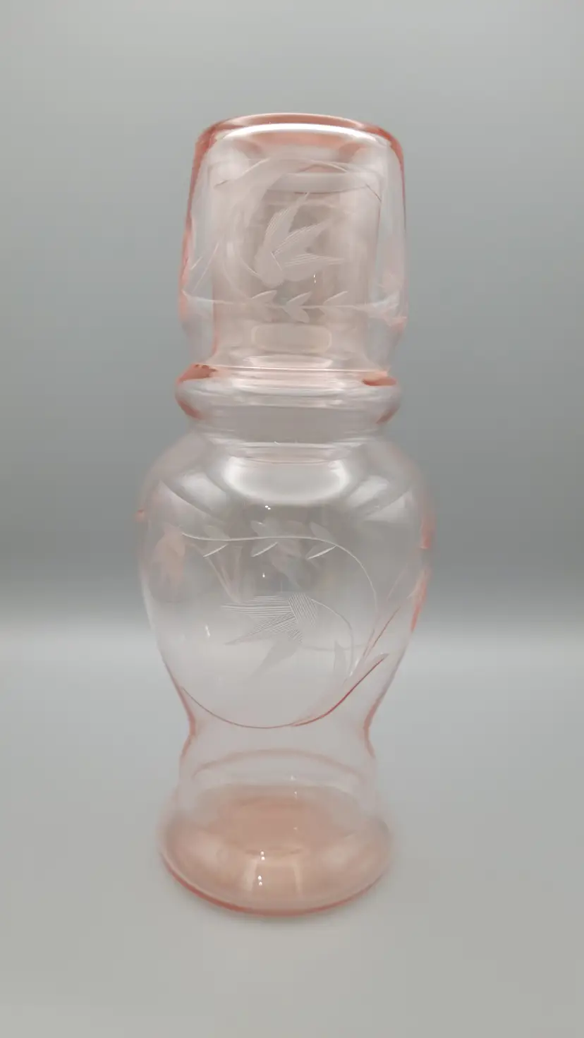 Vintage Pink Depression Glass Tumble up/ Bedside Carafe Set with Etched Floral Design