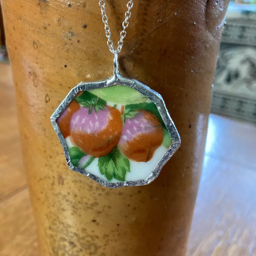 Broken Pottery Artisan Made Strawberry Pendant Fruit Plate Handcrafted Necklace 1.5 in x 1.25 in