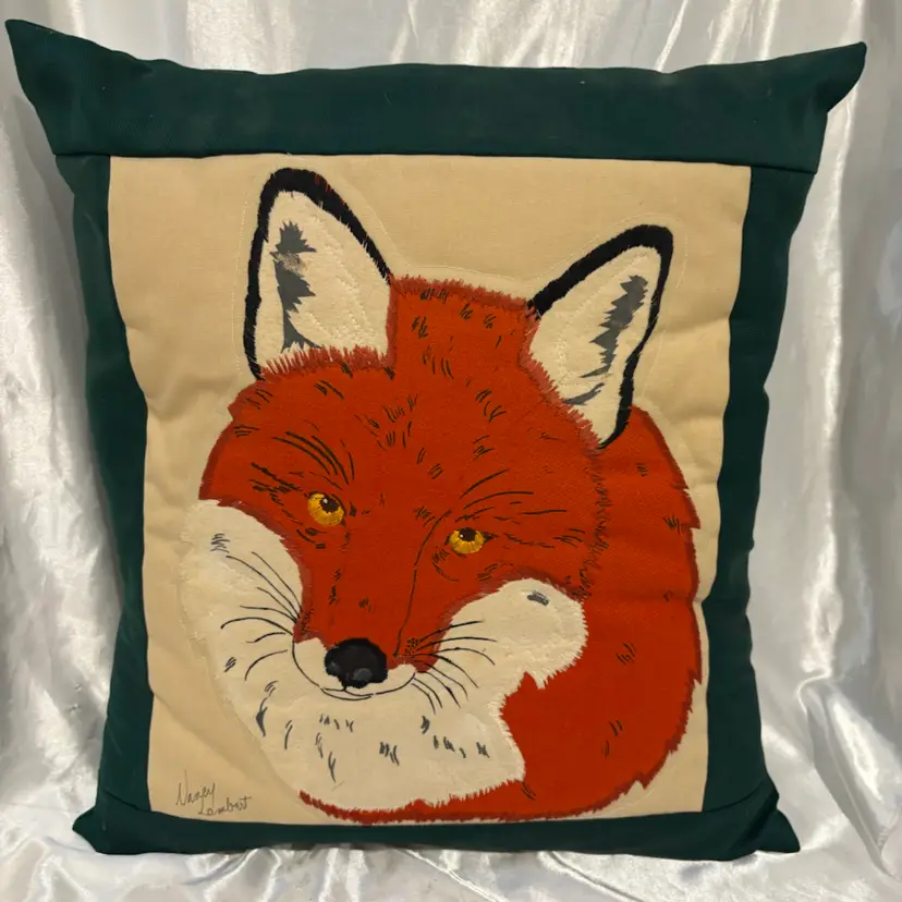 Vintage Fox Hand Stitched Signed Pillow 18” x 15”