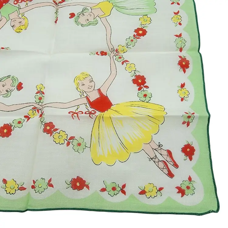 Vintage Square Ballerina Child Handkerchief Dancing Girls Green Floral Design