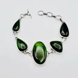 5-Stone Nephrite Bracelet (7.5 - 9 inches) in Sterling Silver Finish (#A130)