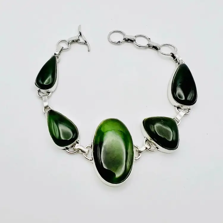 5-Stone Nephrite Bracelet (7.5 - 9 inches) in Sterling Silver Finish (#A130)