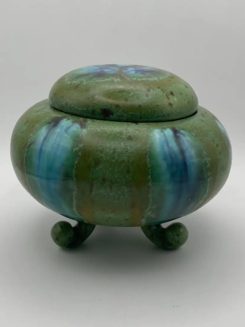 Unique Handmade Blue Green Three-footed Trinket Dish W/Lid