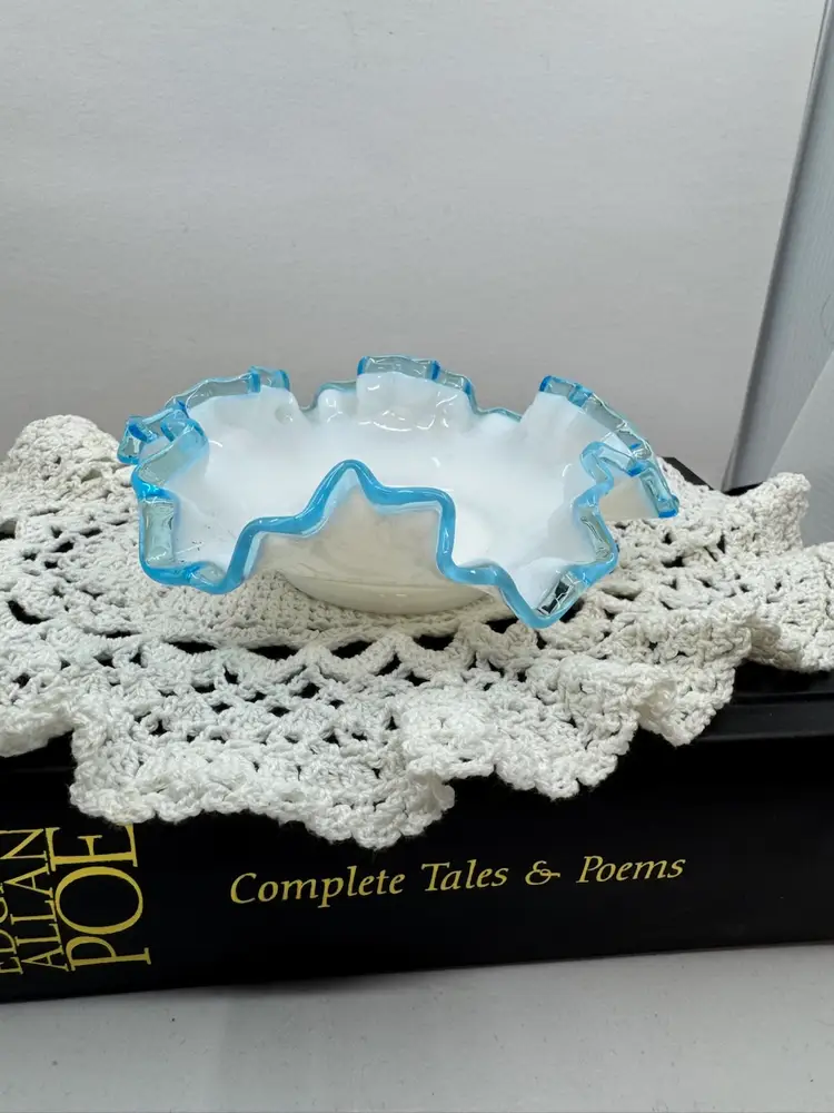 Fenton Art Glass Aqua Crest milk glass ruffled edge bowl with blue rim, 6”x2”