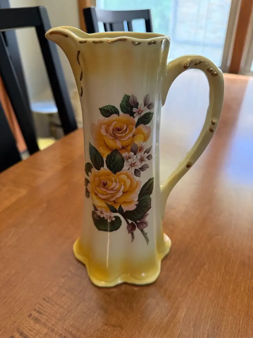 Vintage Yellow Ceramic Pitcher With Floral Design