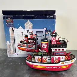 RARE VTG 2008 LEMAX Carole Towne Harbor Fire Rescue Boat Light Up w Box & Cables
