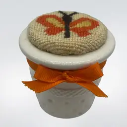 Ceramic Pin Cushion Butterfly Thimble Orange Vintage | 3”