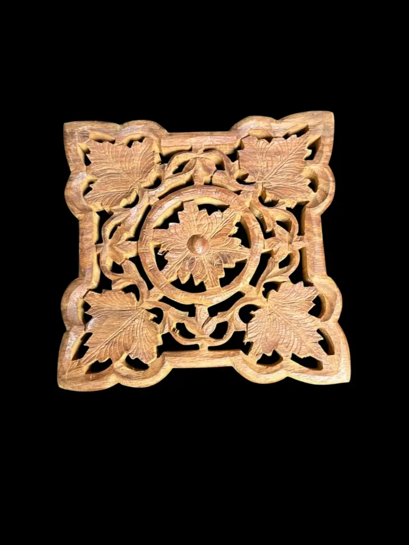 Pressed Wood Trivet w/ Beautiful Leaf & Scroll Design. Has 4 Wooden Feet. #591 is Imprinted on back. Would Serve Wonderfully as a Display Riser. Lot 60