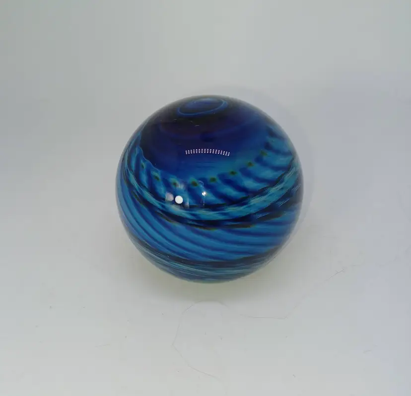 Glass Eye Studio  Hand Blown Glass Paperweight  Blue Swirls  Signed Glass Eye 1991