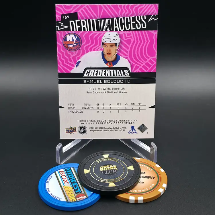 Samuel Bolduc Rookie Lot 2023-24 Upper Deck Credentials Hockey Horizontal Debut Ticket Access Pink Parallel Numbered 23/25 and Horizontal Debut Ticket Access Ice Blue Parallel Numbered 401/599 Card #159 - New York Islanders