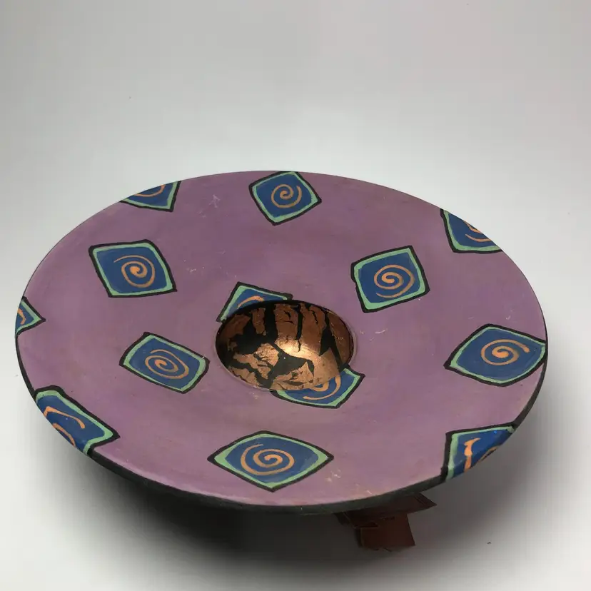 Barbara Mann Made Designs Fun 8" Matte Pottery Bowl Purple Chicklets Copper Leaf
