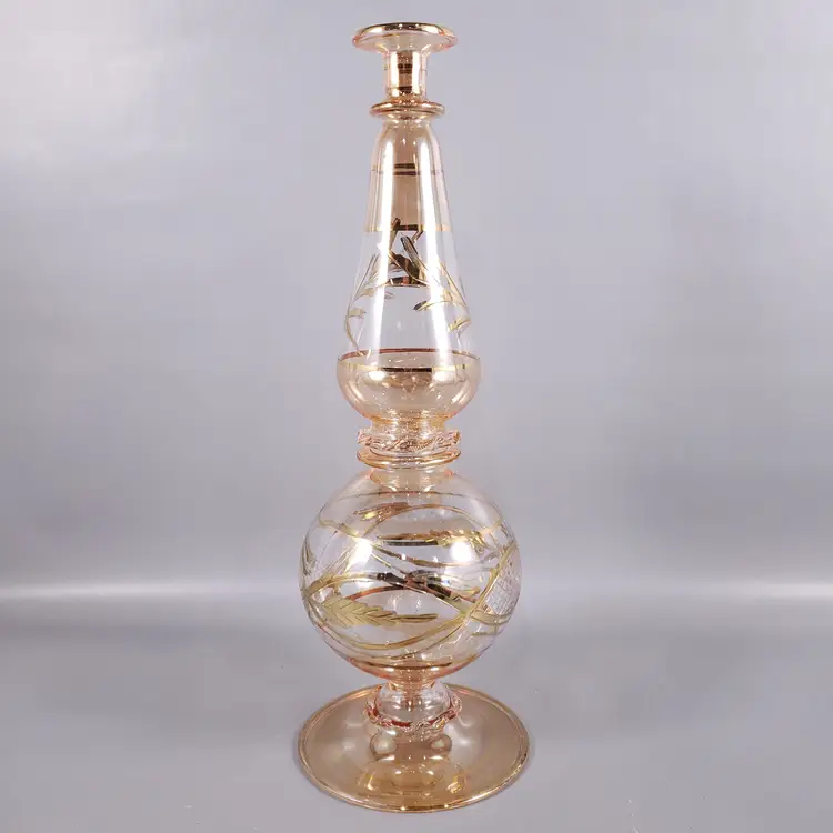 Vintage EGYPTIAN Blown Glass Etched Floral Gold 11¾" PERFUME BOTTLE