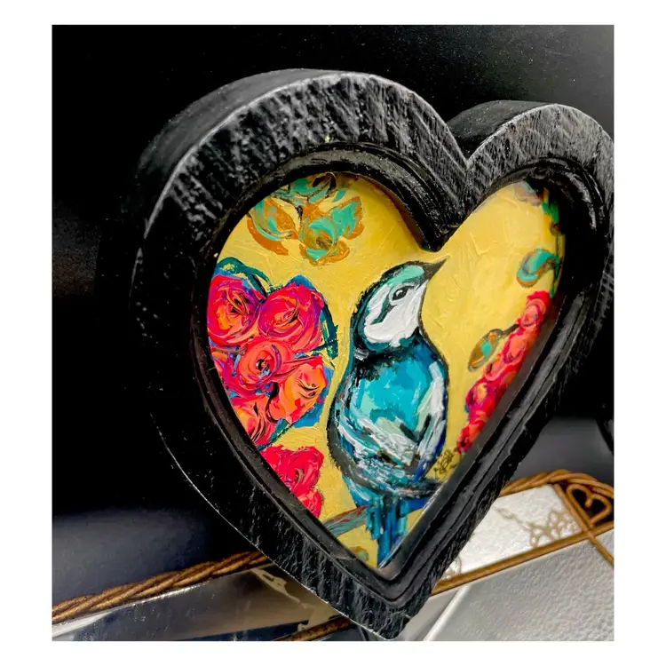 Stay Awhile 
New, Original Bird Painting 
On Watercolor Paper 
In 7.5”x8” Heart Frame
With Glass