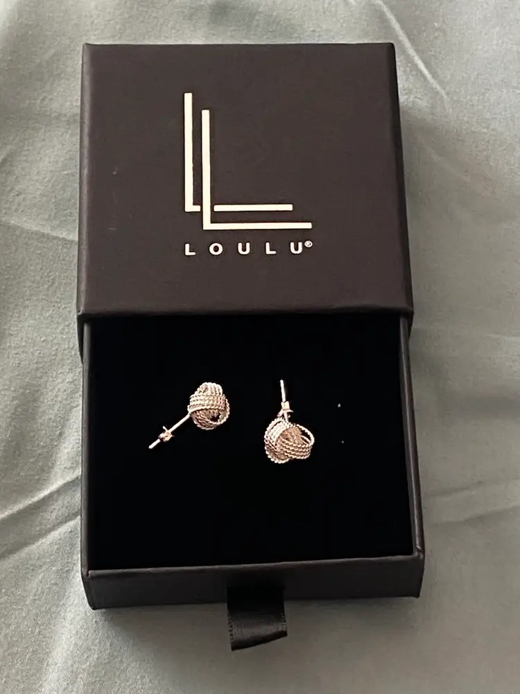 Loulu Pierced Earrings Stud Silver Braided Rope Knot .75”  New In Box NIB