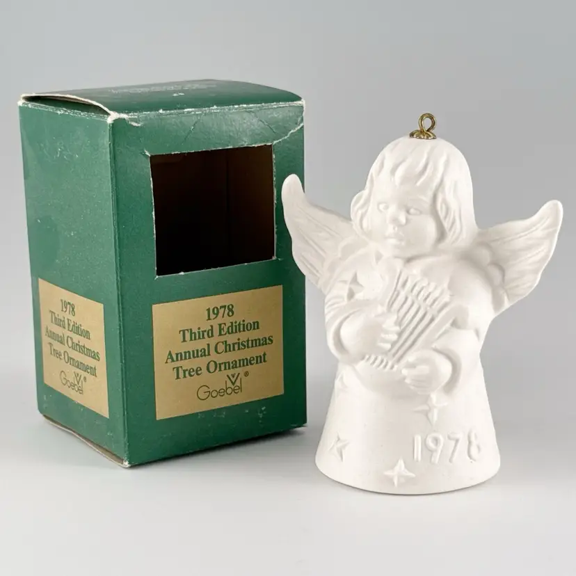 Goebel Angel Bell Harp Player Christmas Ornament, White Bisque Porcelain, Vintage 1978, Made in Germany