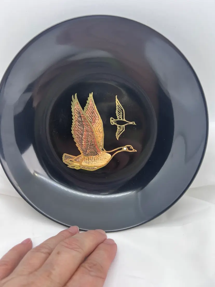 #2034B Vintage Couroc of Monterey, CA Bowl with Inlayed Canada Goose in Flight Design