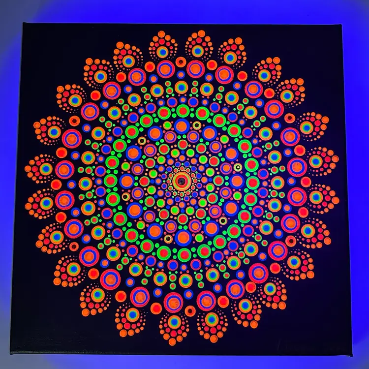 Glow Dot Mandala Acrylic Canvas Painting UV Reactive 12”x12” Swarovski Crystal Accents