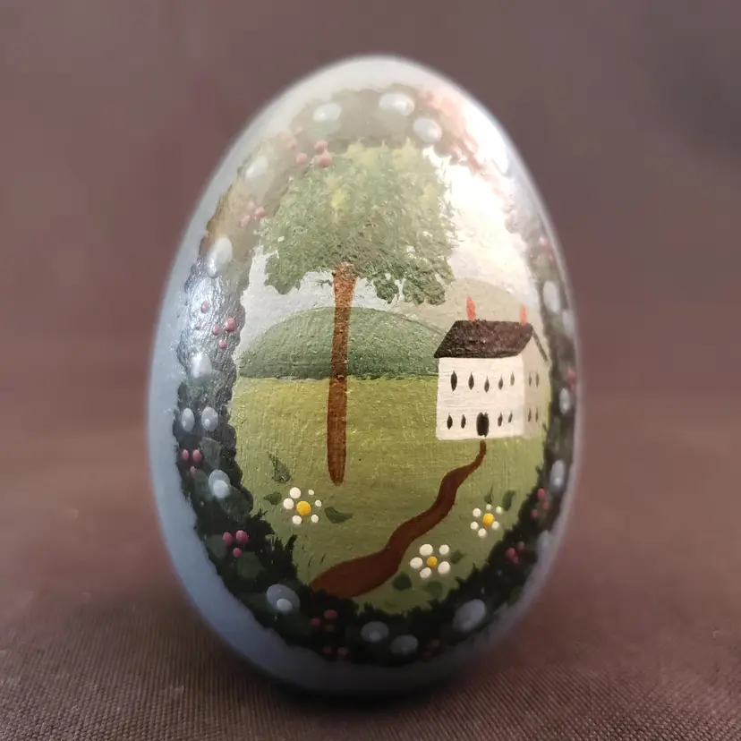Folk Art Wood Egg House Landscape Hand Painted Signed Jo Irwin 1990 2½"T Vintage