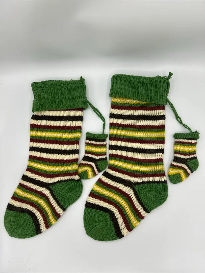 set of 2 vintage hand knit striped christmas stocking