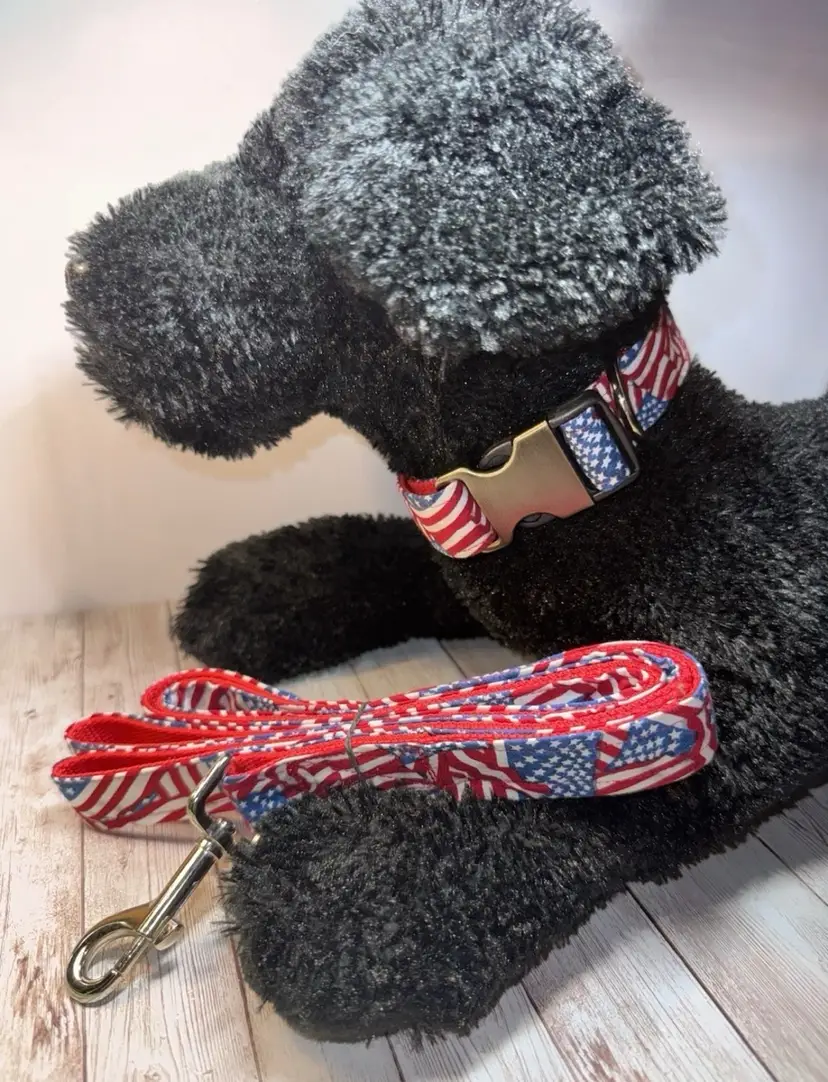 Dog Collar & Leash American Flag Print 4th Of July Large Handmade Heavy Duty NEW