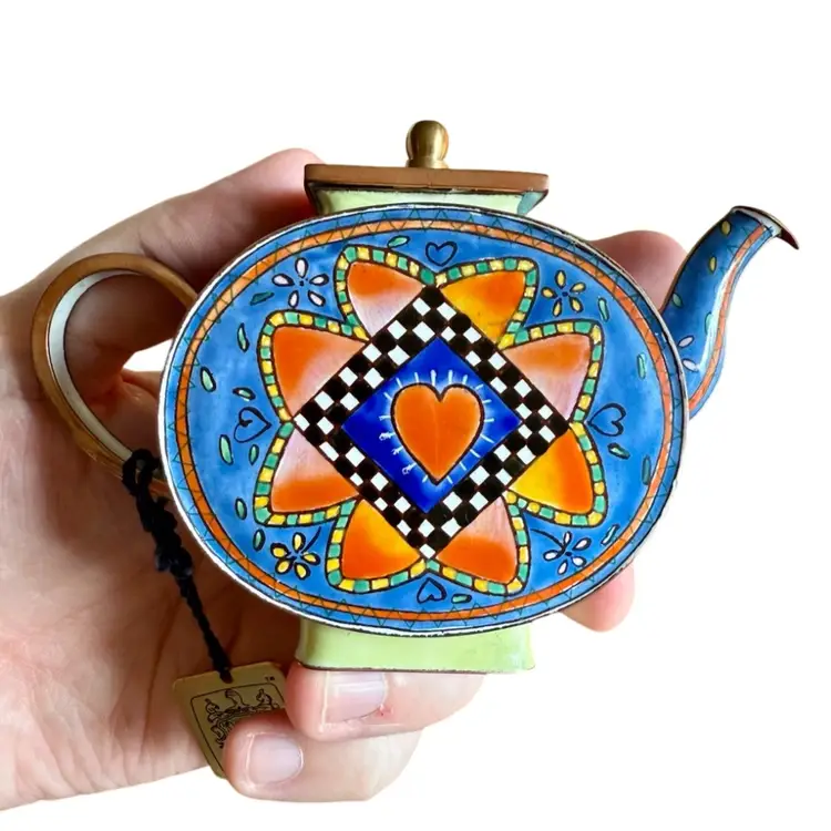 ‘99 Charlotte Di Vita Miniature Enamel Teapot, Heart Quilt, with Box
