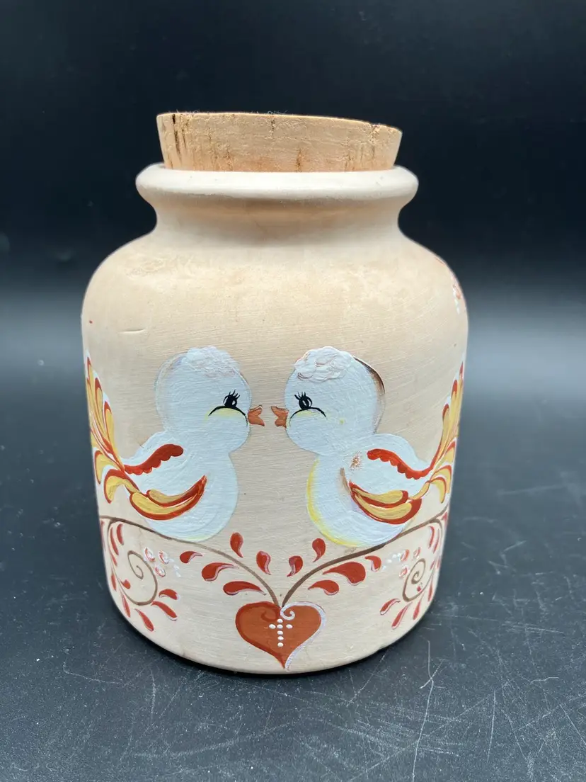 BIN - Vintage “Creative Country crocks” Handpainted Crock Canister With Birds And Flowers. 5”