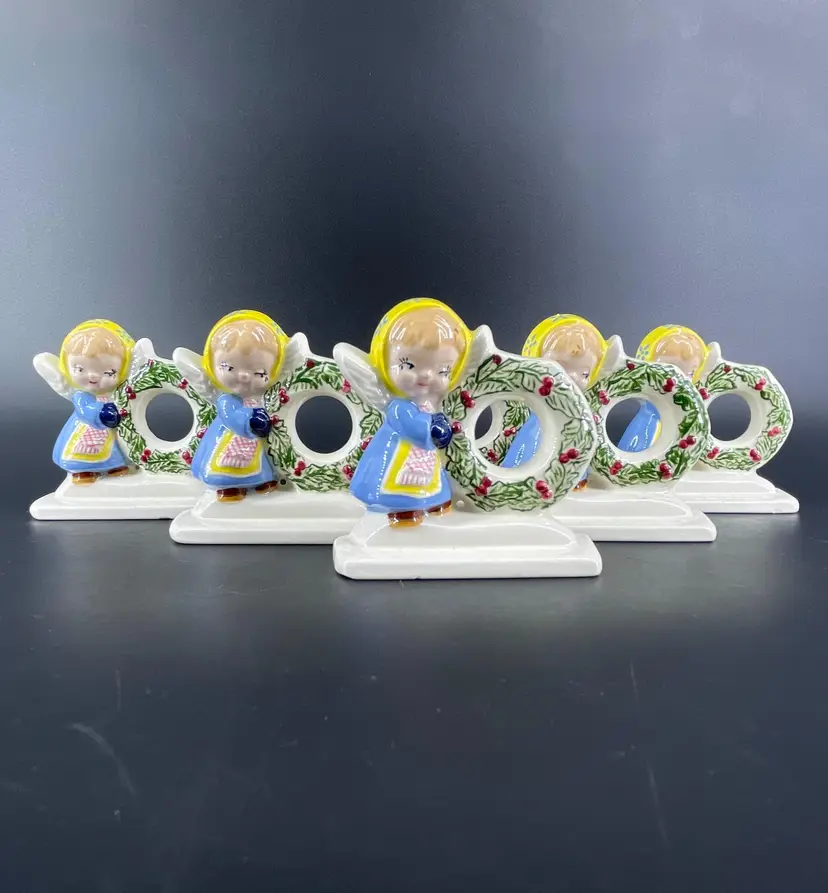 Vtg Lot 6 Christmas Angel Holding Wreath Napkin Rings Hand Painted 1981