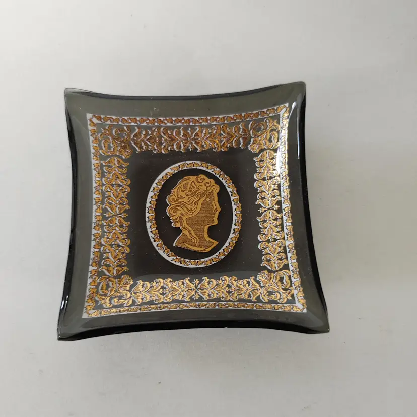 #03 - Vintage black with gold Cameo glass square. Ash tray or butter pat? 1960's. 2.5 x 2.5. No chips or cracks.
