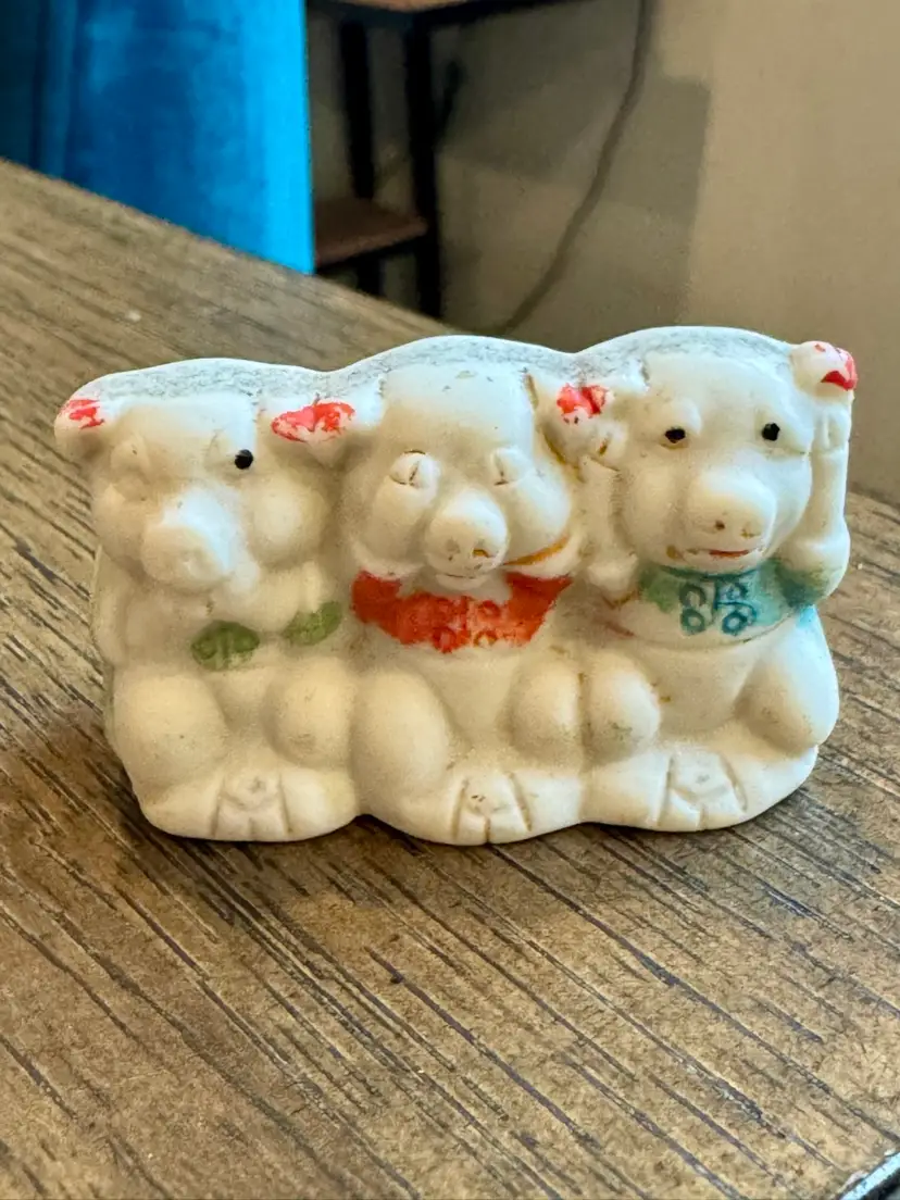 1” x 2” vintage mini bisque porcelain "Three Little Pigs" See, Speak, Hear no Evil 🙉🙈🙊