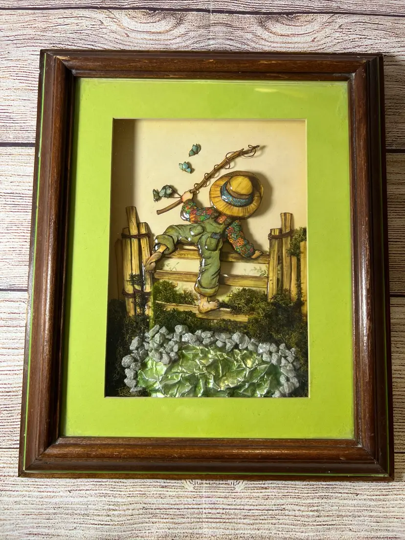 Che Creations 3-D Enamel On Metal Framed Art Boy Fishing Pole Mixed Media