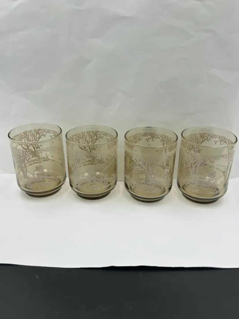 4 Vintage Smoke Colored Embossed Juice Glasses Country Print Boy Fishing,rabbit,trees