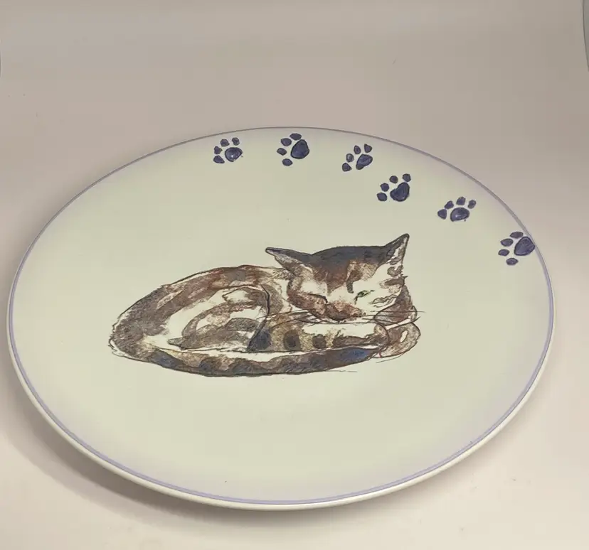 Casa Moda Paw Prints Ceramic Cat Plate w/ Sleeping Cat, 8.25"