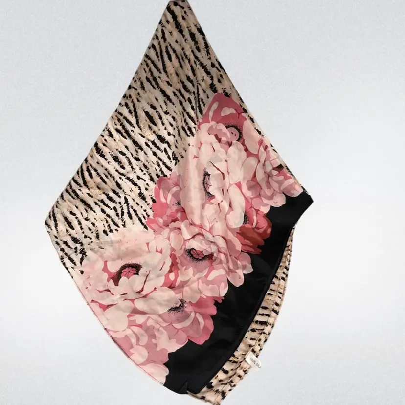 Leopard Print With Pink Peony Floral Border - 100% Silk Scarf- 31.5” Square