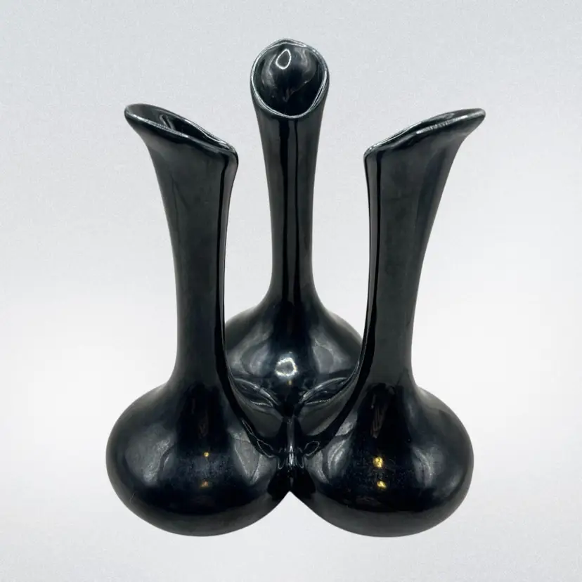 Van Briggle Triple Bud Vase Black Glaze Has A Chip 7”
