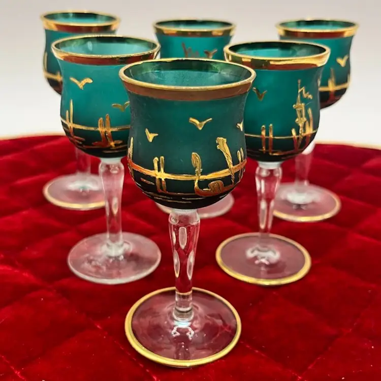 Set Of 6 Royal Crystal Rock (RCR) Cordial Green Frosted  Glasses W/ Gold Paint