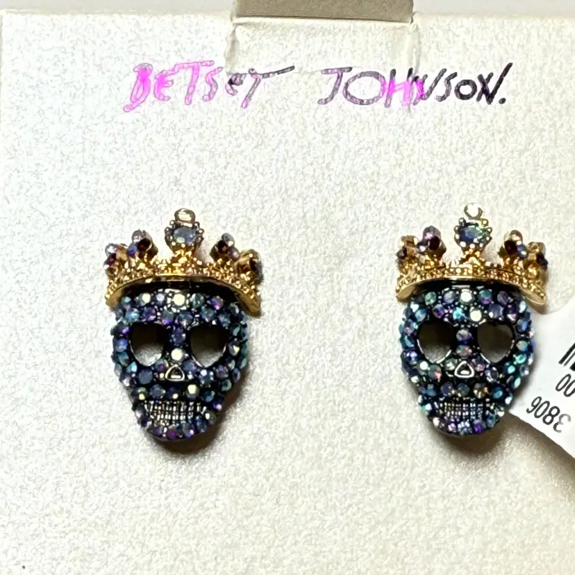Betsey Johnson King Crown Sugar Skull Stud Earrings Day Of The Dead New NWT Blue
