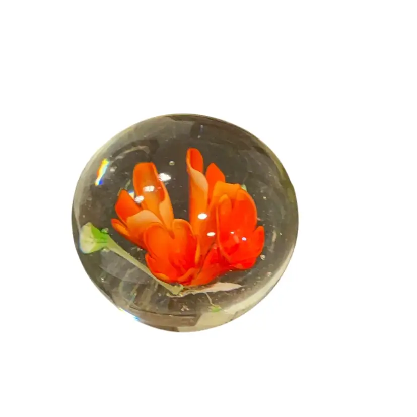 VTG China Paperweight With 4 Orange Flowers. Measures 2.5”x3”