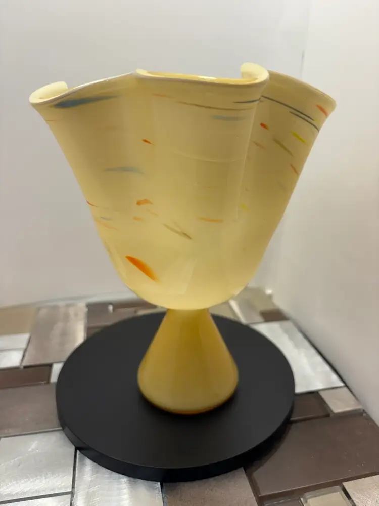 Vintage Hand blown Yellow color swirl incased white Glass Vase