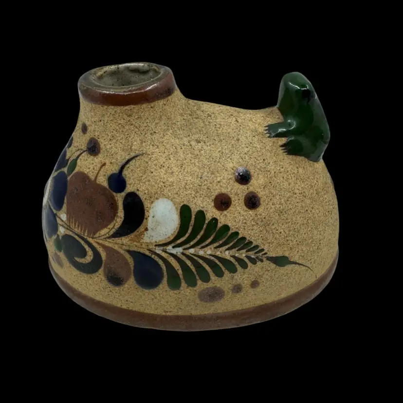 Hand-painted Mexican Tonala pottery vessel with a green frog accent.